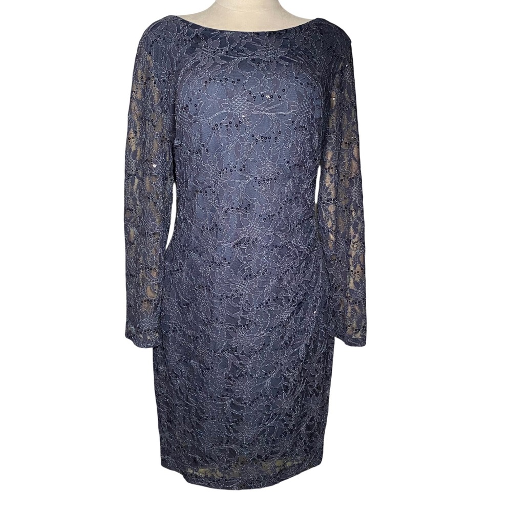 Lauren Ralph Lauren Formal Navy Lace Sequin Midi Dress Cocktail Plus Size - 16W
